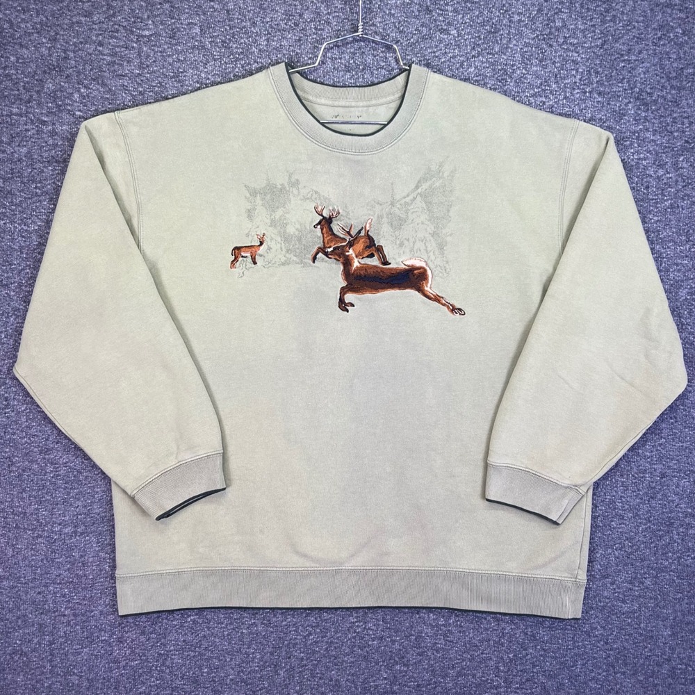 Croft & Barrow Sweatshirt Mens XL Sage Green Deer Embroidered Nature Pullover
